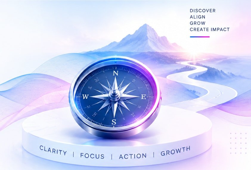 Compass pointing toward a mountain journey
